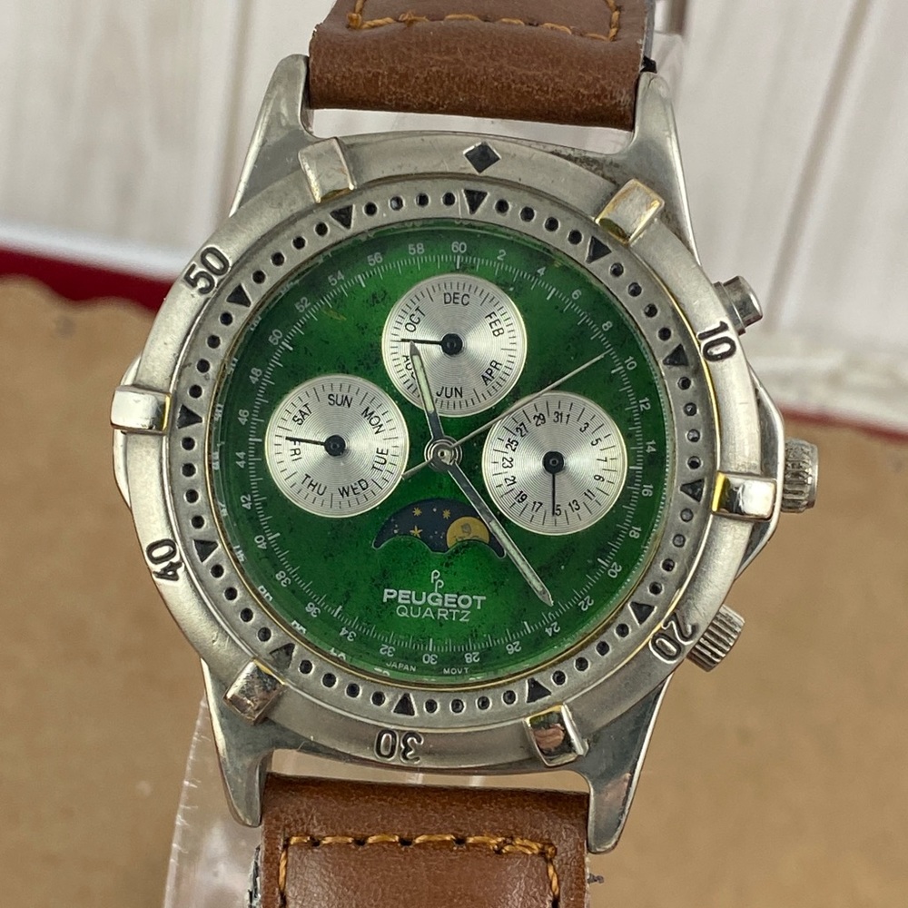 Stunning in Vintage Silver and Green Peugeot Moon Phase Unisex Watch